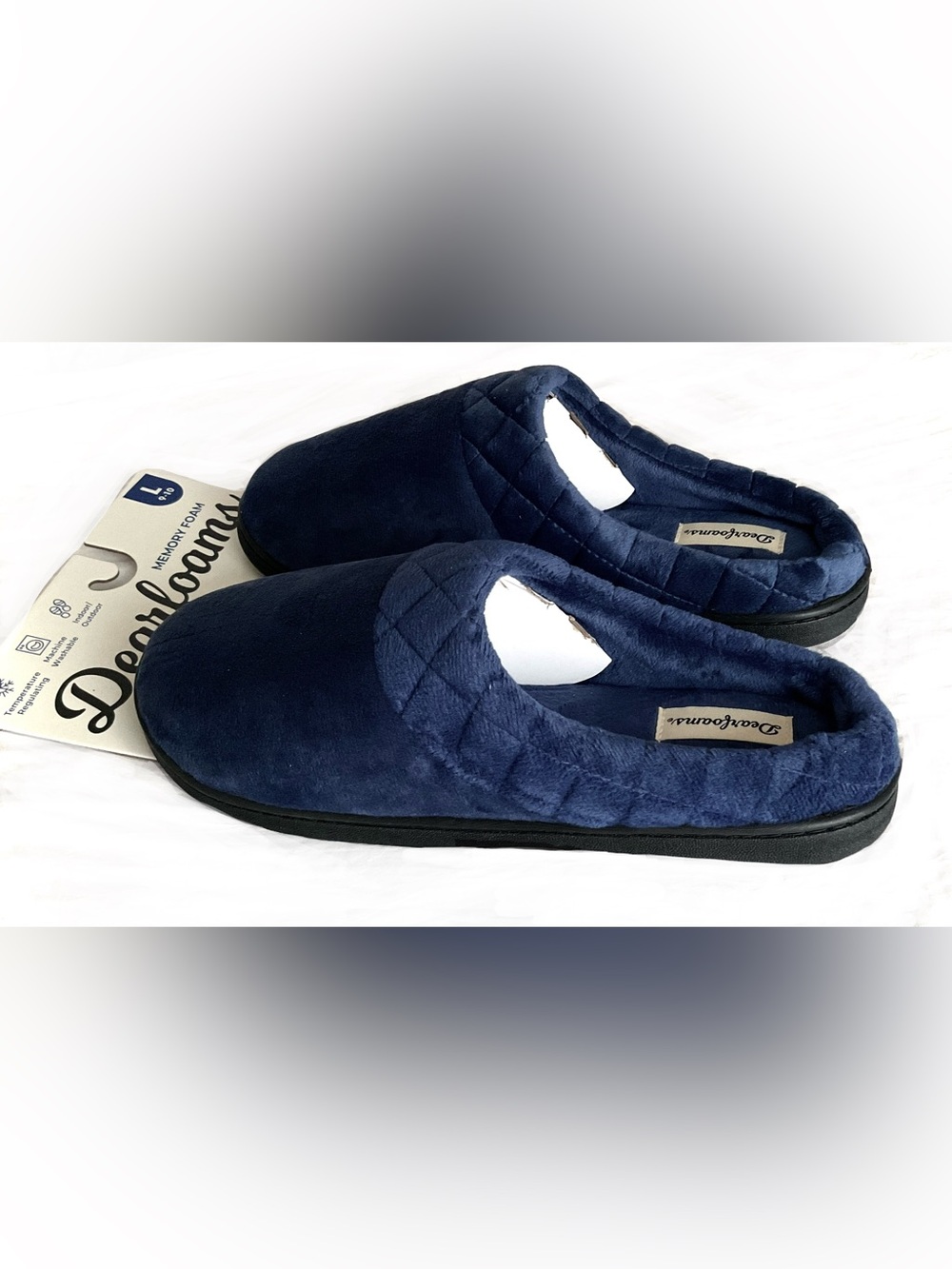 🆕 NWT Navy Blue DEARFORMS Memory Foam Quilted Plush Slip-On Slippers sz 9-10